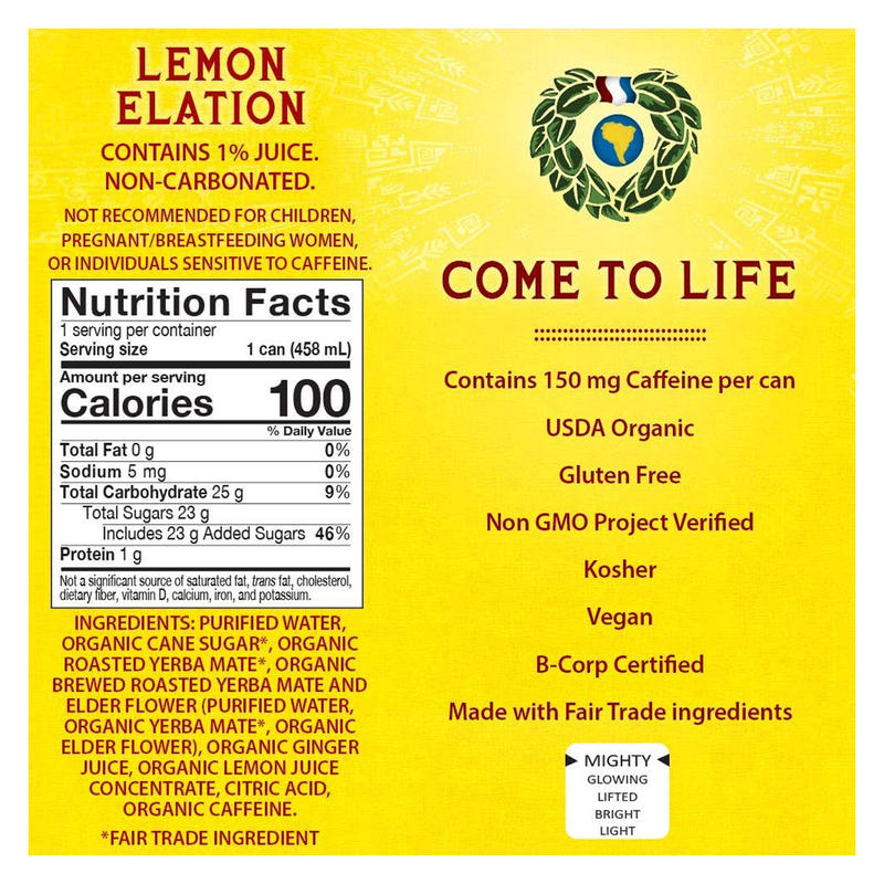 Guayaki Yerba Mate Organic Lemon Elation 15.5oz Can
