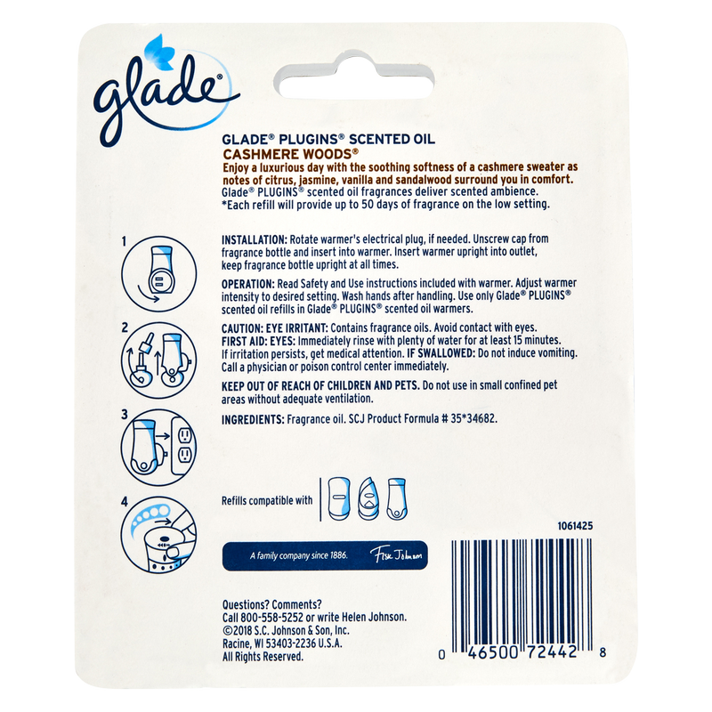 Glade Plugins Scented Oil Air Freshener - Cashmere Woods Refill