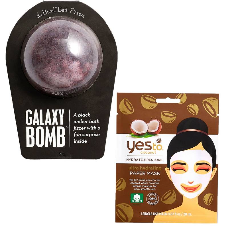 Galaxy Bomb Black Amber Bath Fizzer 7oz and Yes To Coconut Ultra-Hydrating Paper Mask