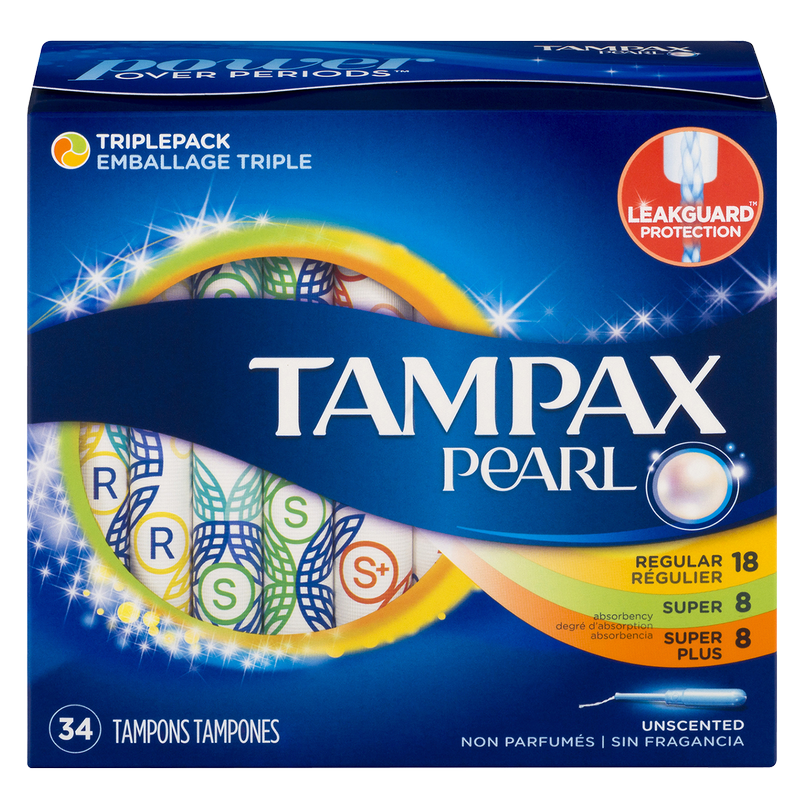 Tampax Pearl Triple Pack Plastic Tampons Regular/Super/Super Plus Unscented 34ct