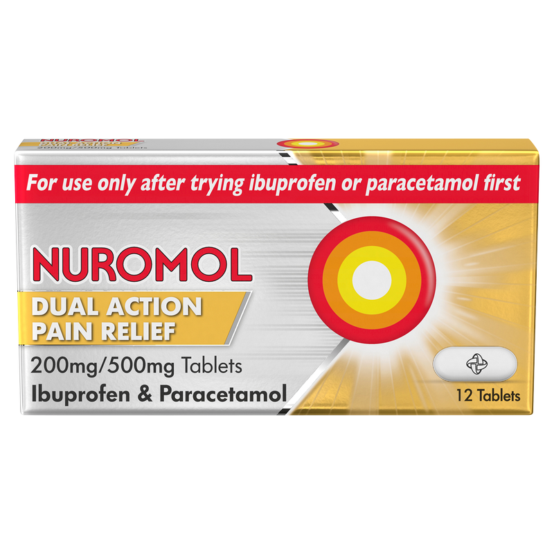 Nuromol dual action pain relief tablets 200mg/500mg, 12pcs