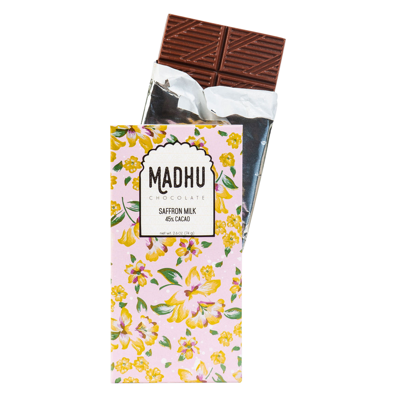 Madhu Chocolate 45% Cacao Saffron Milk Bar 2.6oz