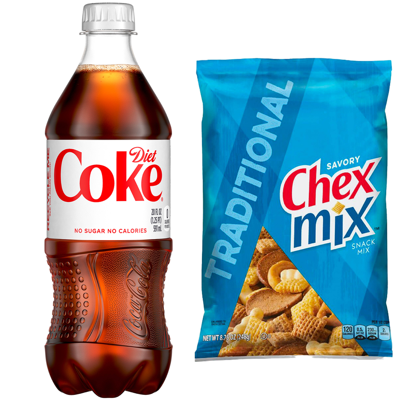 Diet Coke 20oz Btl and Chex Snack Mix Traditional 8.75oz