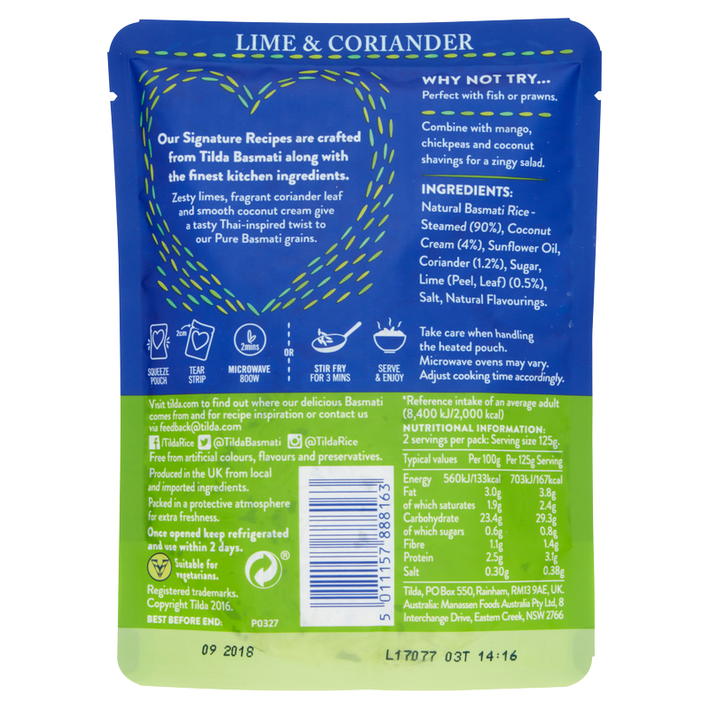 Tilda Microwave Lime & Coriander Basmati Rice, 250g