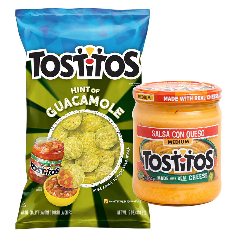 Tostitos Hint of Guacamole Bite Size Rounds, 11oz & Tostitos Medium Salsa con Queso Dip 15oz