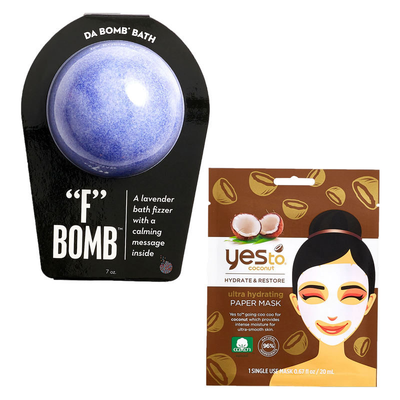 F Bomb Lavender Bath Fizzer 7oz and Yes To Coconut Ultra-Hydrating Paper Mask