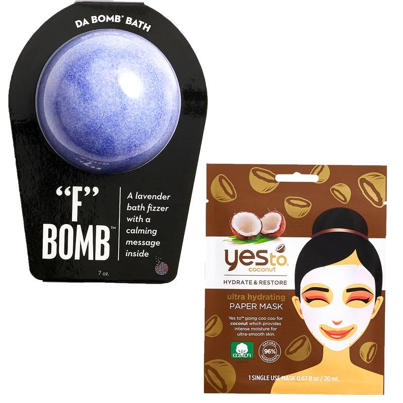F Bomb Lavender Bath Fizzer 7oz and Yes To Coconut Ultra-Hydrating Paper Mask
