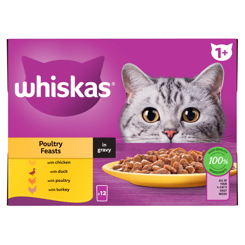 Whiskas 1+ Cat Pouches Poultry Selection in Gravy, 12 x 85g