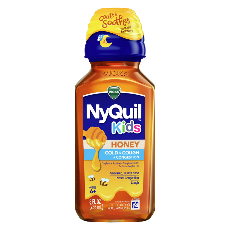 Vicks Kids NyQuil Honey Cold & Cough + Congestion Relief Real Honey Flavored , For Children Ages 6+, 8 FL OZ