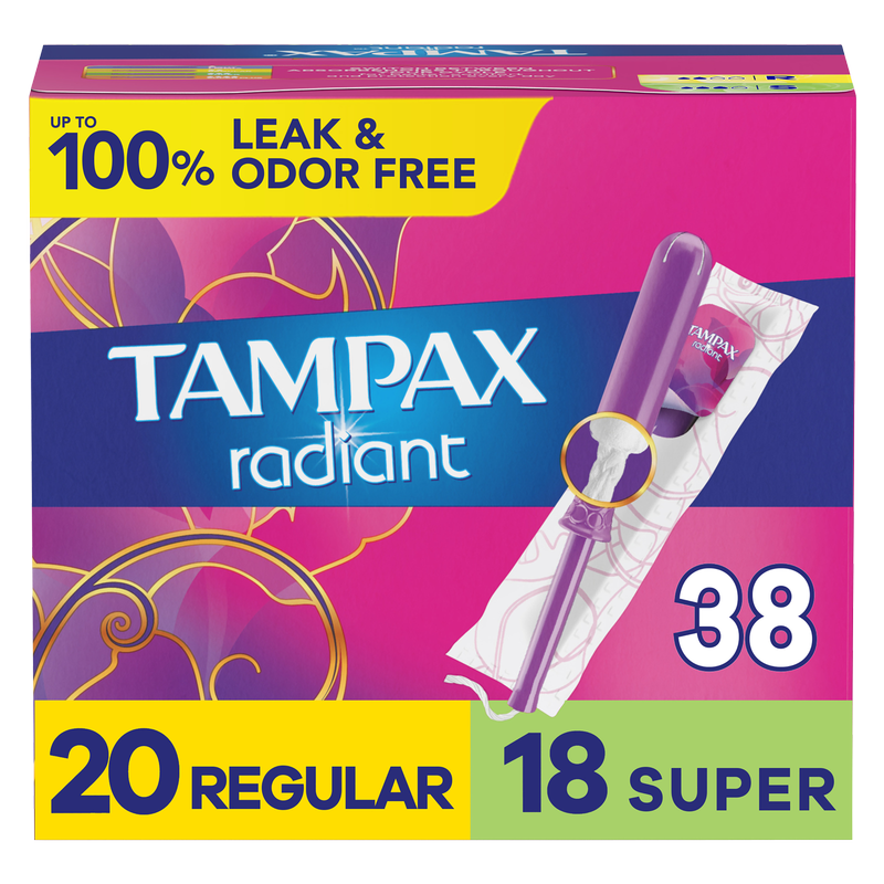 Tampax Radiant Tampons Duo Pack Regular/Super Absorbency, Unscented, 38 Count