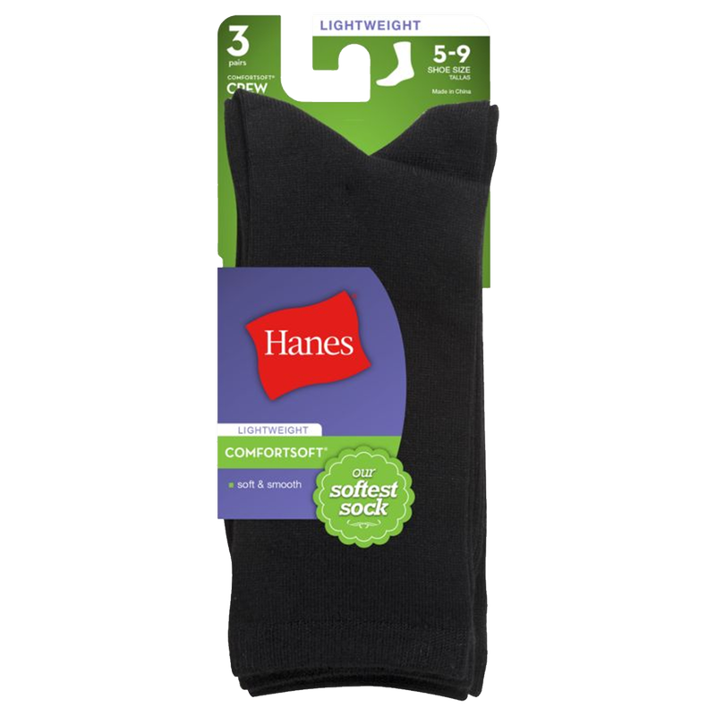 Hanes Women's Comfort Soft Crew Socks Black 3pk (Shoe Size 5-9)