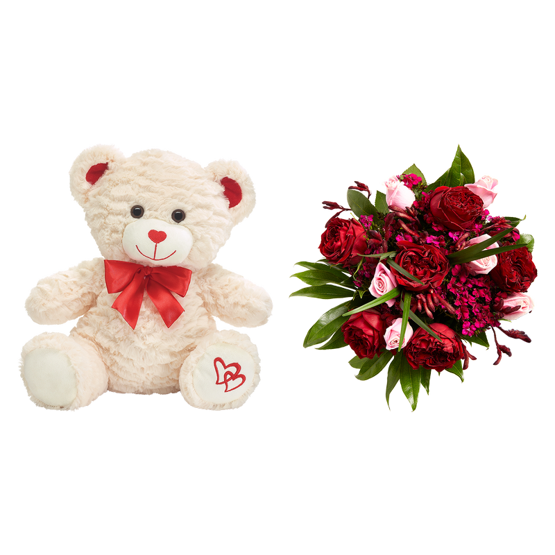 30ct Mixed Floral Bouquet and Teddy Bear