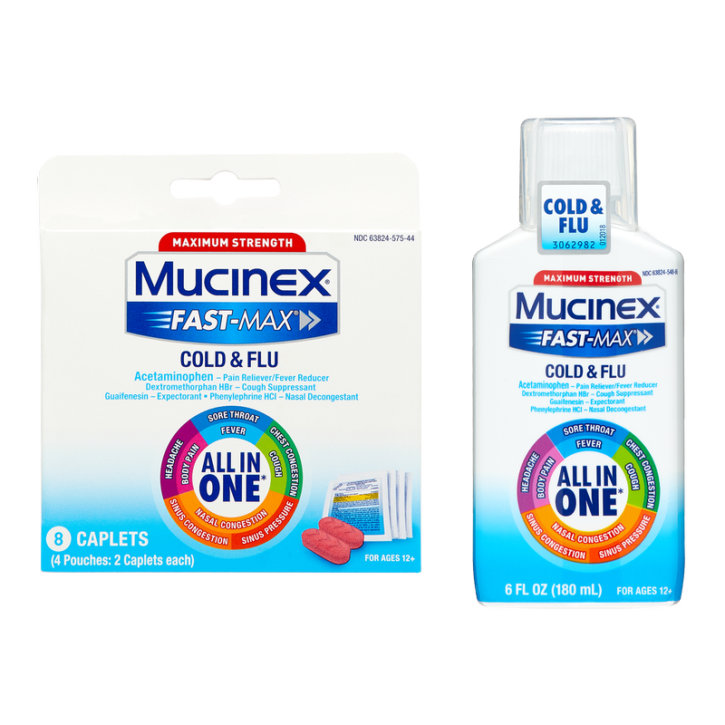 Mucinex FAST MAX Adult Liquid Cold & Flu 6oz & All In One Cold & Flu Caplets 8ct