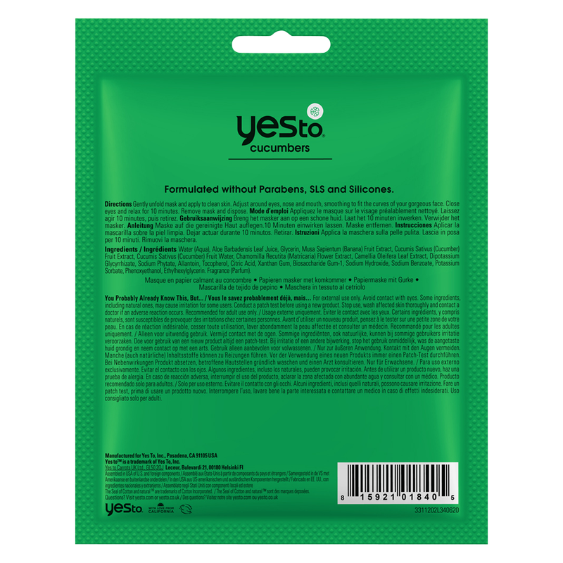 Yes To Cucumbers Calming Paper Mask 1ct