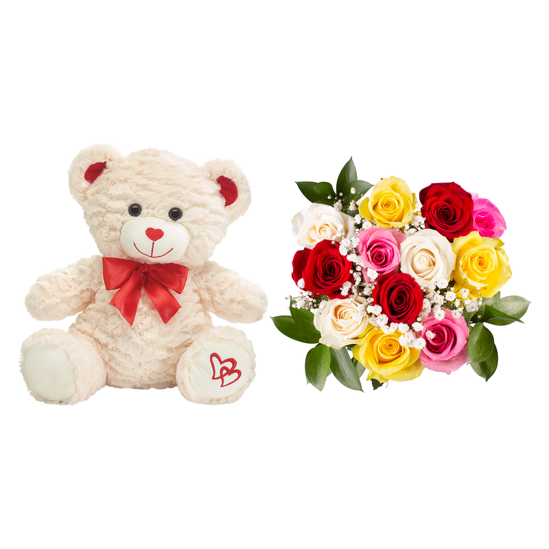 12ct Rainbow Rose Bouquet and Teddy Bear