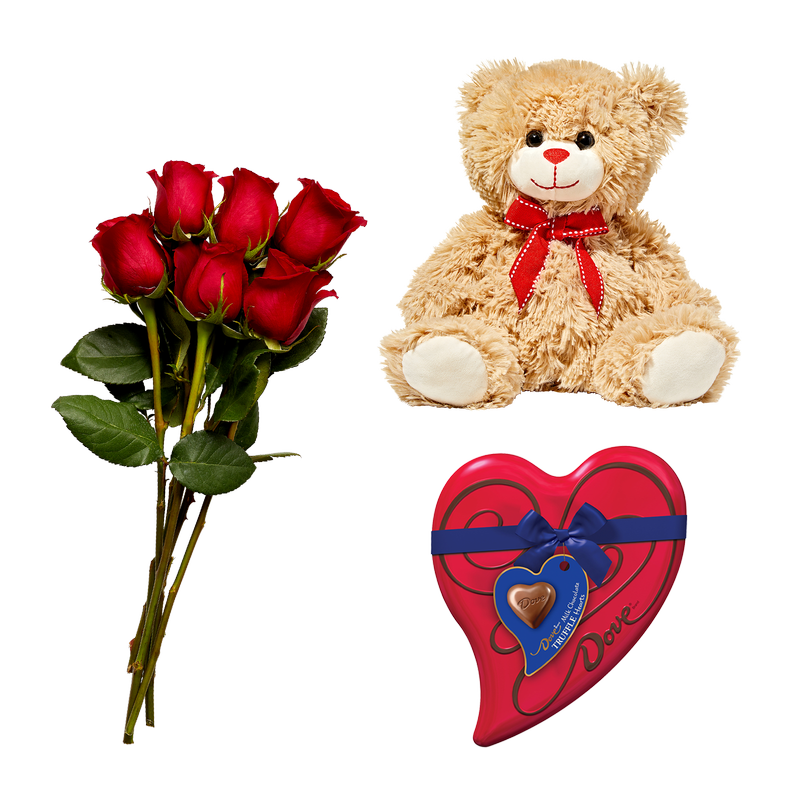 Roses, Teddy Bear, Chocolate (6.5oz) Bundle