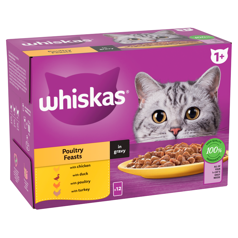 Whiskas 1+ Cat Pouches Poultry Selection in Gravy, 12 x 85g
