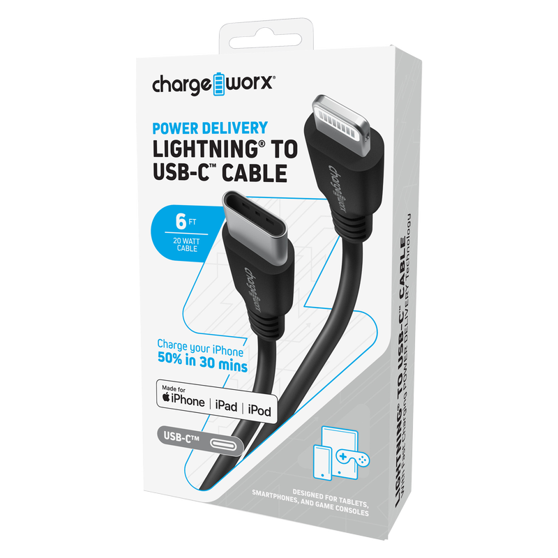 Chargeworx 6ft Lightning to USB-C Cable Black
