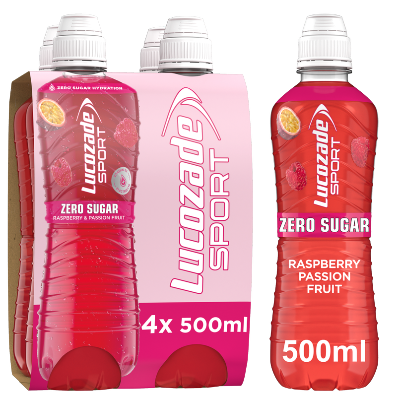 Lucozade Sport Drink Zero Sugar Raspberry & Passionfruit, 4 x 500ml