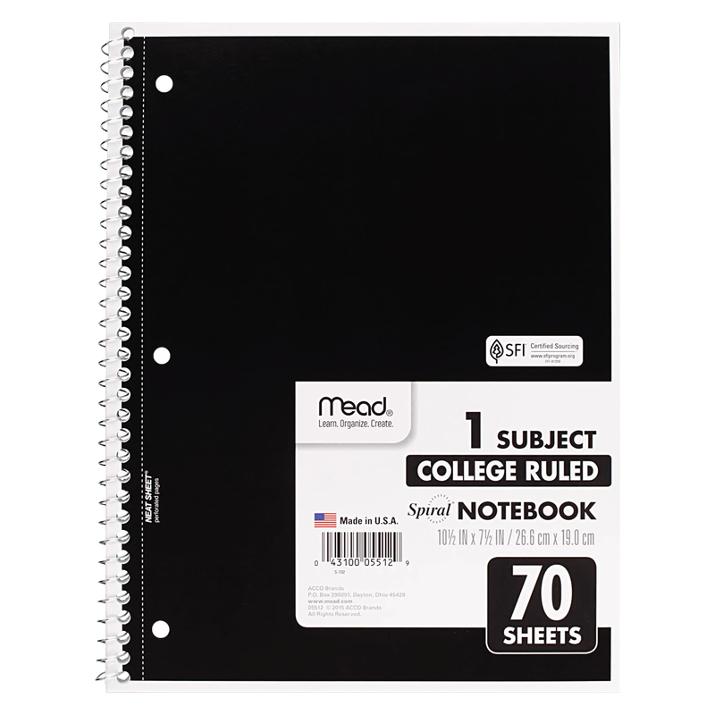 Mead Notebook Spiral College Ruled 70 Pages