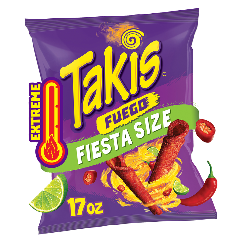 Takis Fuego Hot Chili Pepper & Lime Extreme Spicy Rolled Tortilla Chips Fiesta Size 17 oz