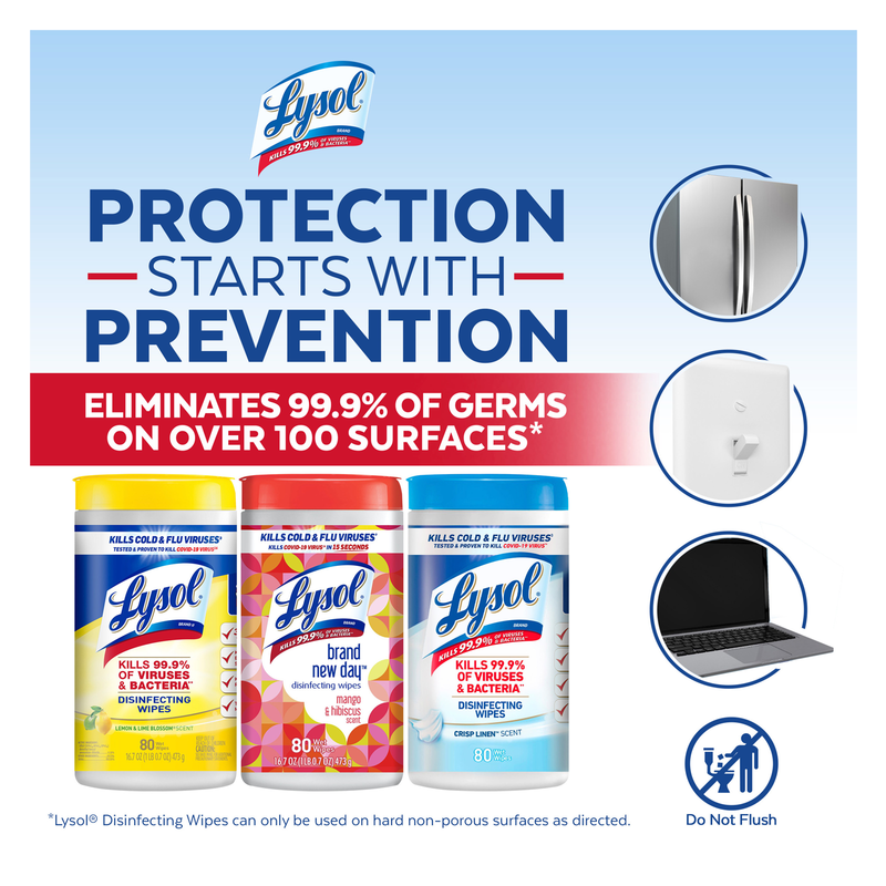 Lysol Disinfectant Wipes 3 Pack 80 Ct Lemon & Lime Blossom, Crisp Linen
