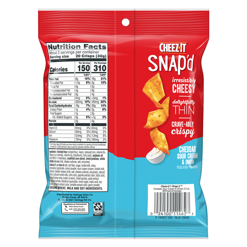 CheezIt Snap'd Cheddar Sour Cream & Onion Crackers 2.2oz Snacks fast