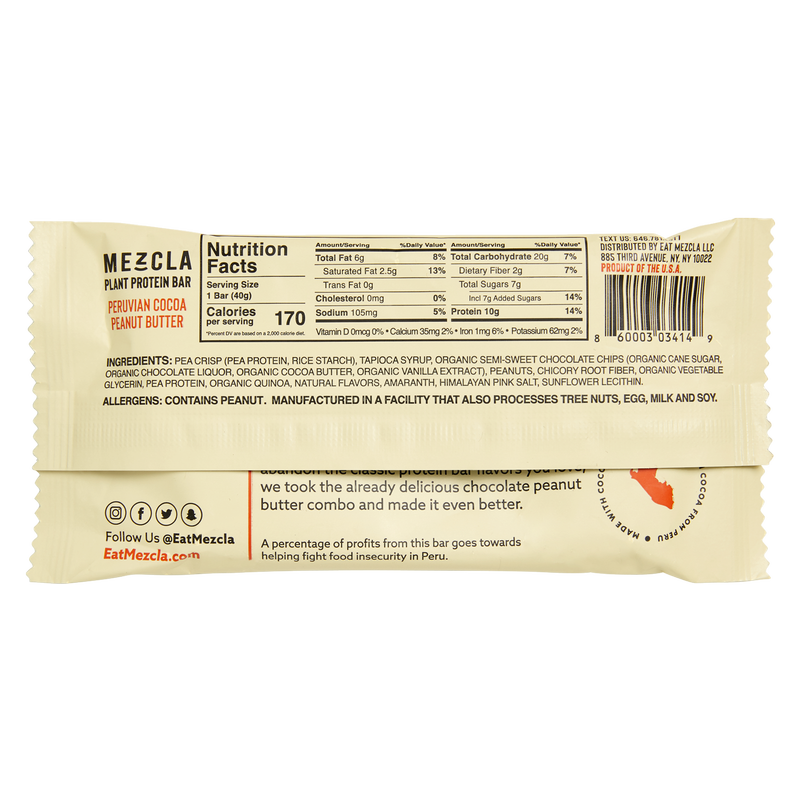 Mezcla Peruvian Cocoa Peanut Butter Plant Protein Bar 1.4oz
