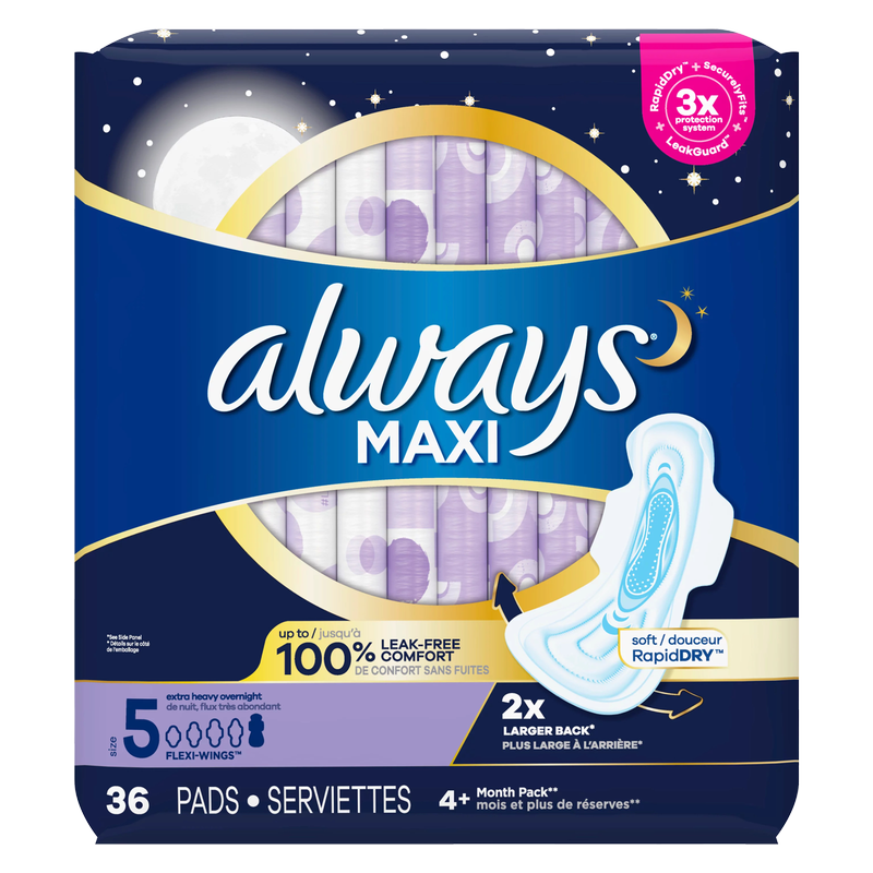 Always Maxi Overnight Pads with Wings Size 5 Extra Heavy Overnight Unscented 27ct