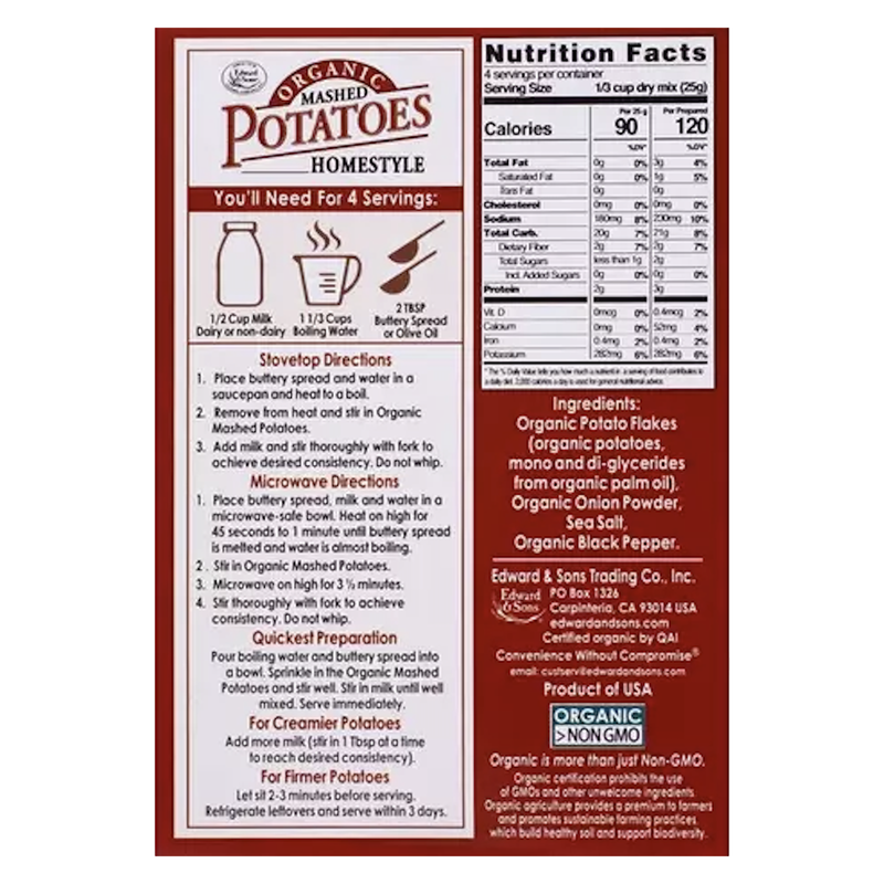 Edward & Sons Organic Homestyle Mashed Potatoes Gluten Free 3.5oz