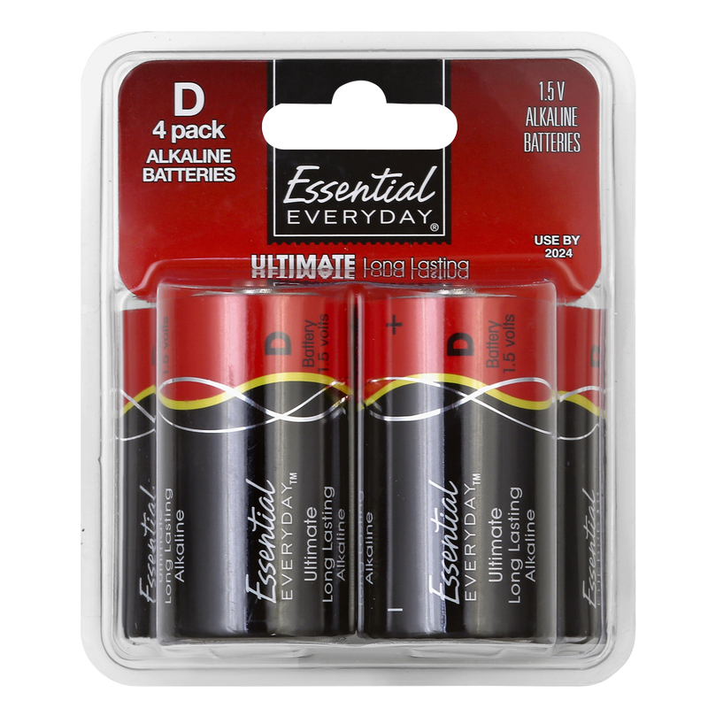 Essential Everyday D Alkaline Batteries 4ct