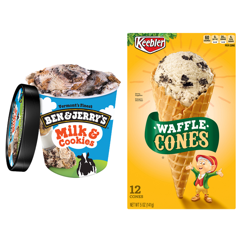 Ben & Jerry's Milk & Cookies Pint & Keebler Waffle Cone 12ct 5oz