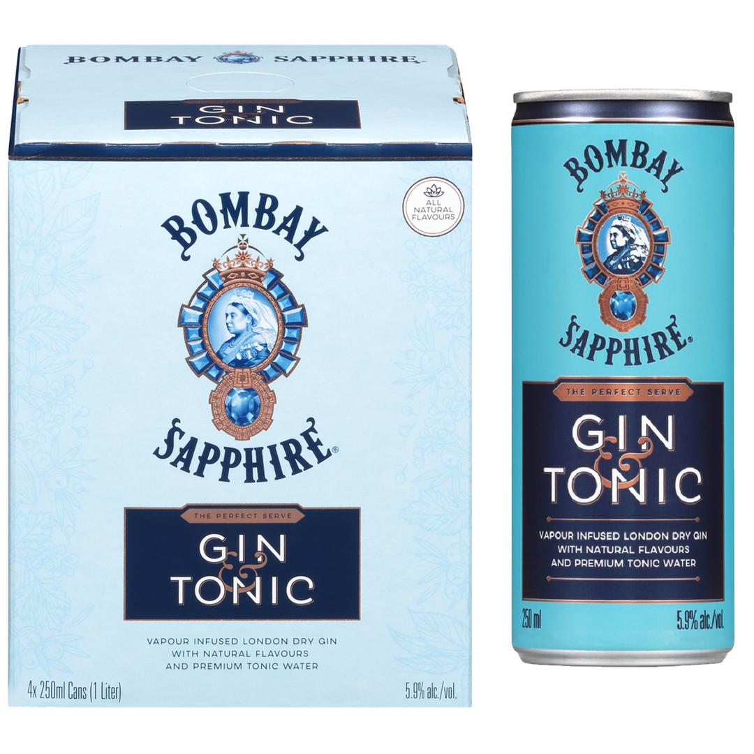 Bombay Sapphire Gin & Tonic 4 Pack 250Ml Cans 5.9% Abv