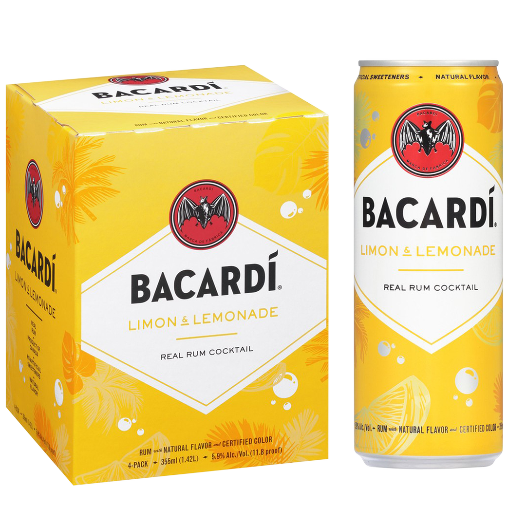 Bacardi Limon & Lemonade Real Rum Cocktails 4 Pack 12Oz Can 11.8 Proof