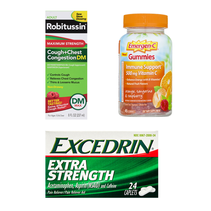 Robitussin Max Strength Non-Drowsy Cough and Chest Congestion 8oz & Emergen-C Immune Support Orange Tangerine & Raspberry Gummies 45ct & Excedrin Extra Strength Caplets 24ct