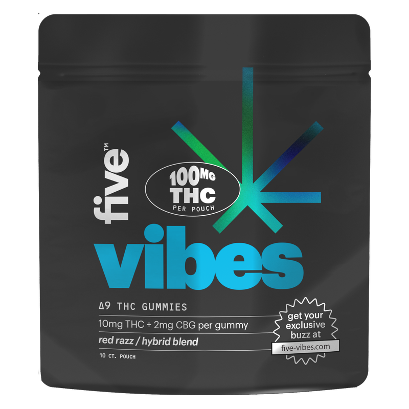 Five High Potency Vibes Gummies, Red Razz, Hybrid, 10mg THC, 10ct