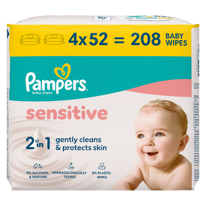 Pampers Sensitive Baby Wipes Plastic Free, 4 x 52pcs