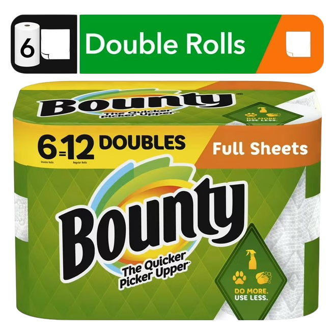 Bounty Paper Towels Full Sheet White, 6 Double Rolls