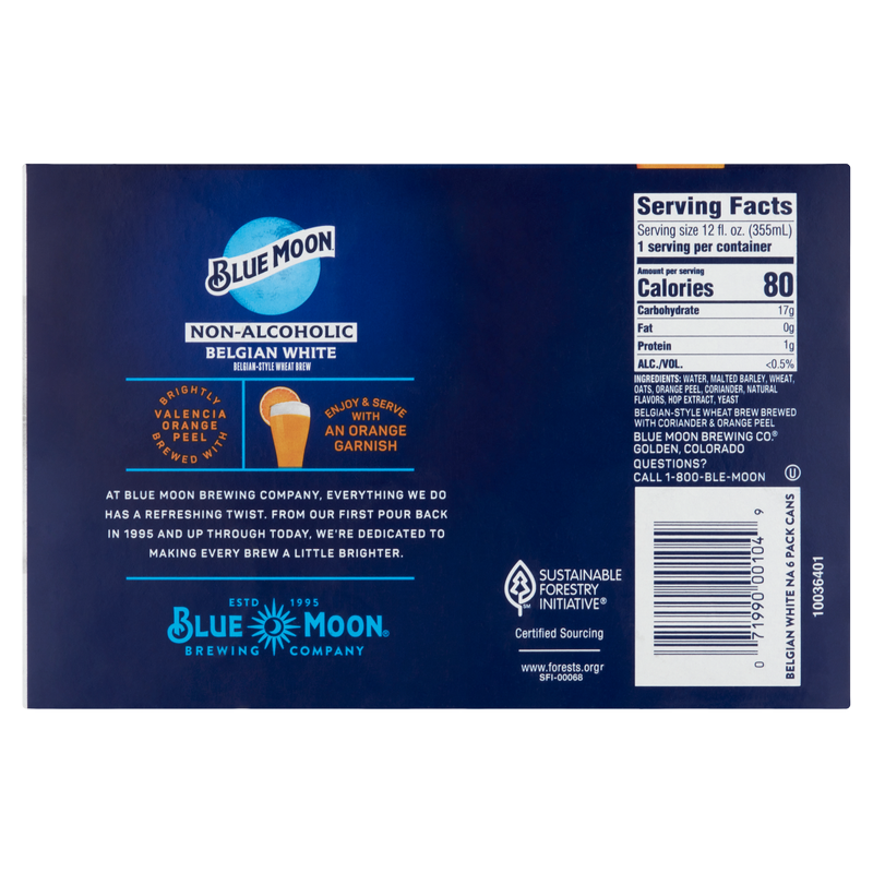 Blue Moon Non-Alcoholic Belgian White 6pk 12oz Can 0.45% ABV