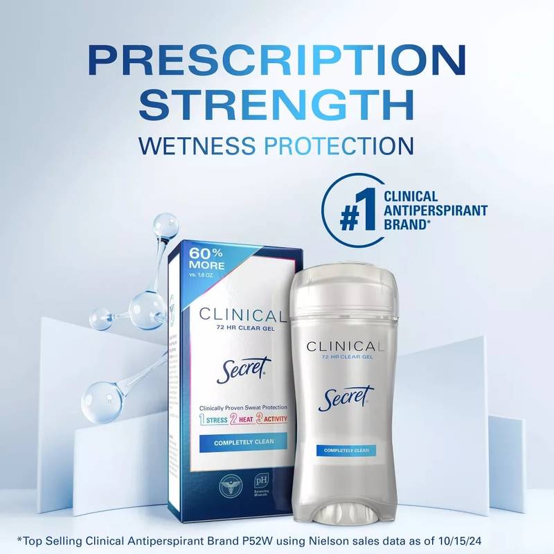 Secret Clinical Strength Clear Gel Antiperspirant and Deodorant for Women, Completely Clean, 2.6 oz