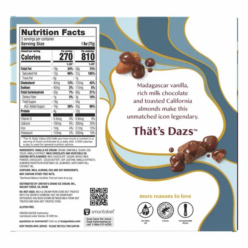 Haagen-Dazs Vanilla Milk Chocolate Almond Ice Cream Bar, 3ct