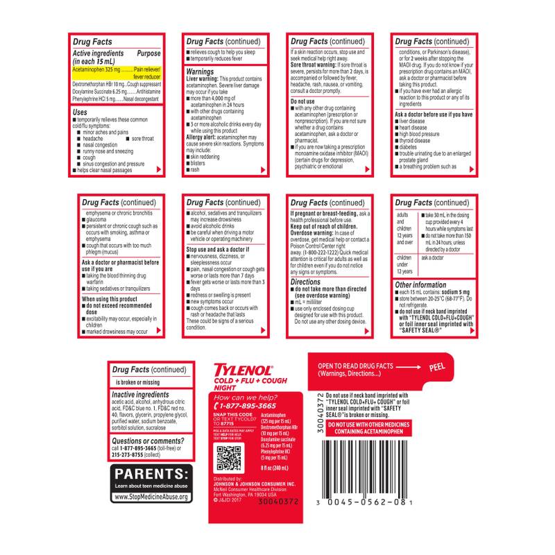 Tylenol Cold + Flu + Cough Night Liquid, Wild Berry Burst, 8 Fl. Oz