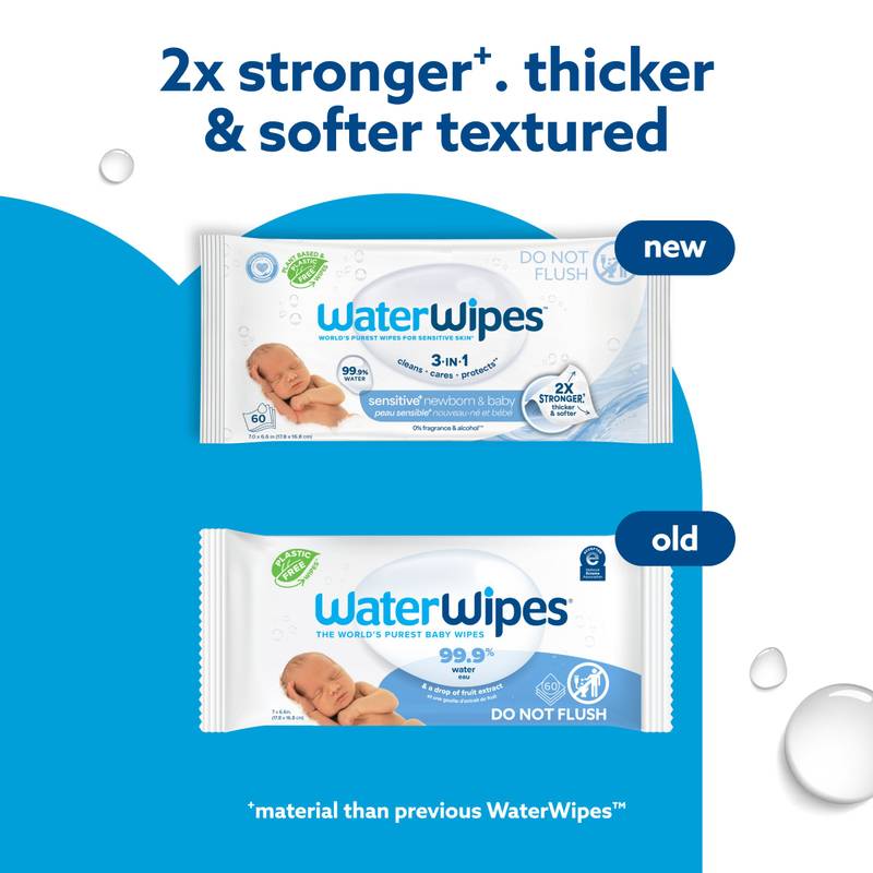 WaterWipes Sensitive+ Newborn & Baby Wipes, 3-In-1 Cleans, Cares, Protects, 99.9% Water, Unscented & Hypoallergenic, 240 Count (4 Packs)