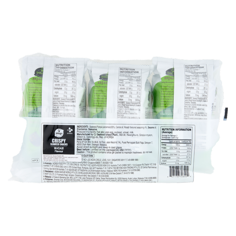 Bibigo Crispy Seaweed Snacks Wasabi, 3 x 5g