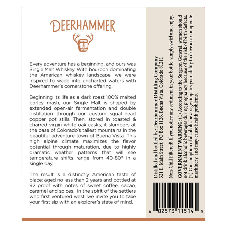 Deerhammer American Single Malt 750ml (92 Proof)