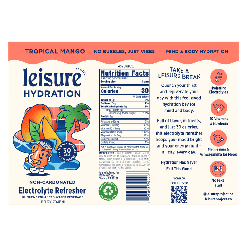 Leisure Hydration Tropical Mango Electrolyte Refresher 16oz Can