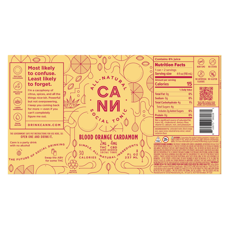 Cann Blood Orange Cardamom 2mg THC 4mg CBD Seltzer 6pk 8oz Can