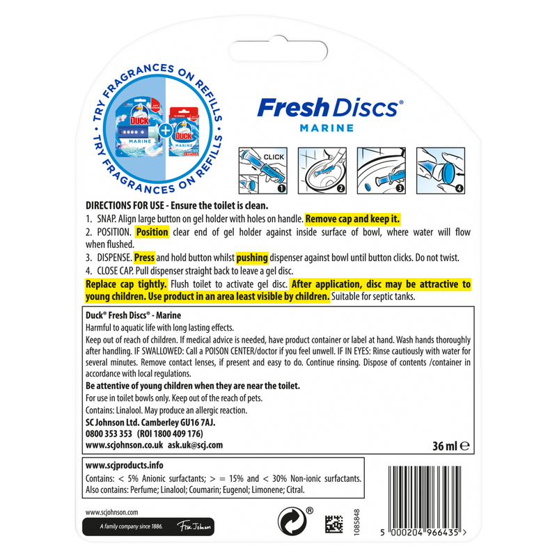 Duck Toilet Cleaner Fresh Discs Holder & Refills Marine, 36ml