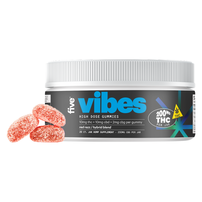 Five High Potency Vibes Gummy, Red Razz, Hybrid, 10mgCBD, 10mgTHC, 2mgCBG, 20ct