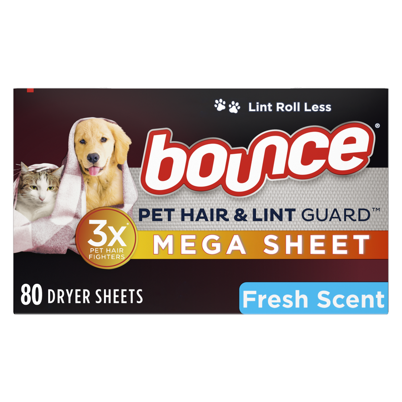 Bounce Pet Hair and Lint Guard Mega Dryer Sheets with 3X Pet Hair Fighters Fresh Scent 80ct